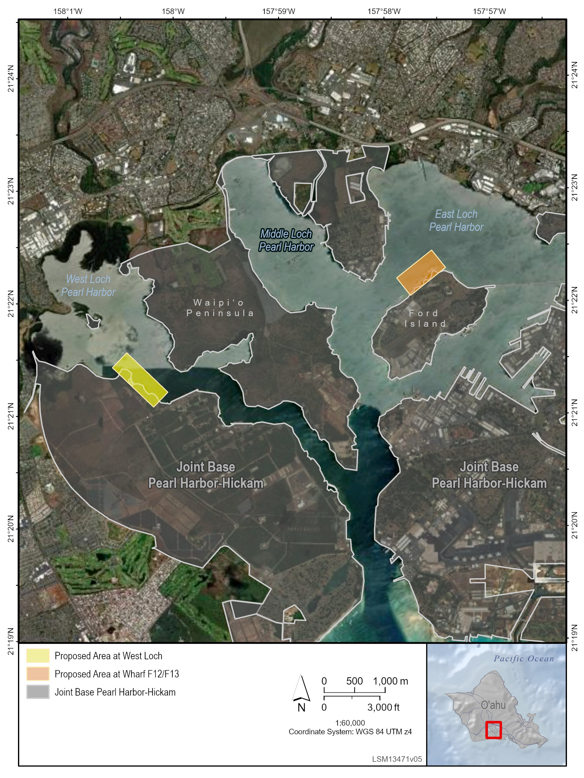 This is a map showing Proposed Areas at both the West Loch and Wharf F12/F13. Both areas are contained within Joint Base Pearl Harbor-Hickam, Hawaiʻi.